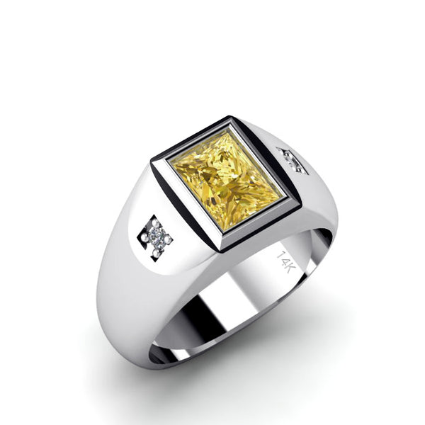Men's Diamond Pinky Ring SOLID 14K White Gold Band with 2.40ct Yellow Citrine Gemstone Gift for Him