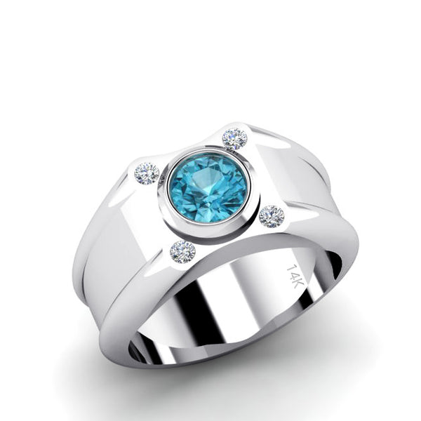 Topaz Male Ring Solid 14k White Gold with 0.12ct Natural Diamonds Birthstone Ring for Man