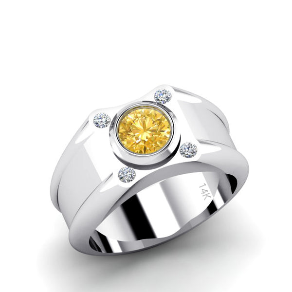 Diamond Pinky Ring 14K White Gold with 1.70ct Bezel Set Round Citrine Solid Engrave Band