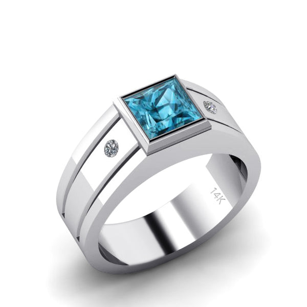 Wide Band Gemstone Ring Solid 14k White Gold with 2 Natural Diamonds and 1.80ct Blue Topaz