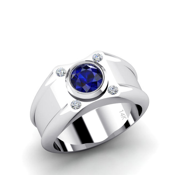 Solid Gemstone Band with 0.12ct Natural Diamonds 14k White Gold Men's Ring with Blue Sapphire
