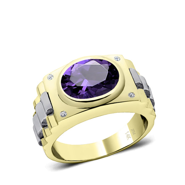 Amethyst Engagement Ring for Man with White Diamonds in Yellow Gold Personalized Male Jewelry Gift