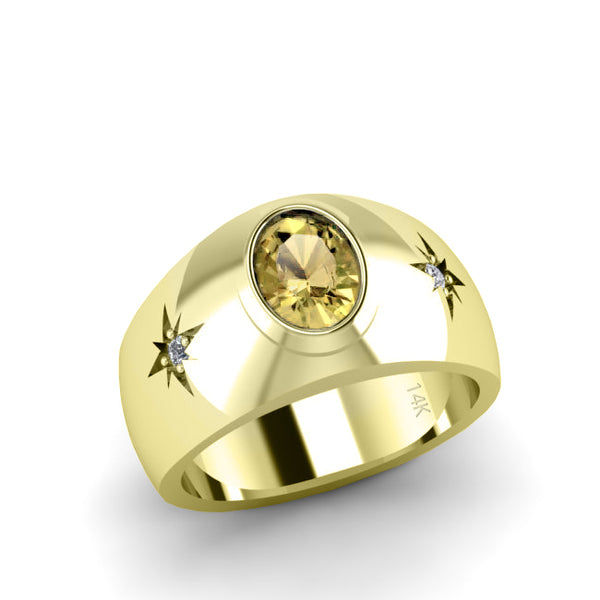 2.40 ct Yellow Citrine Ring for Man in Solid 14K Gold with Diamonds 3 Stone Statement Ring