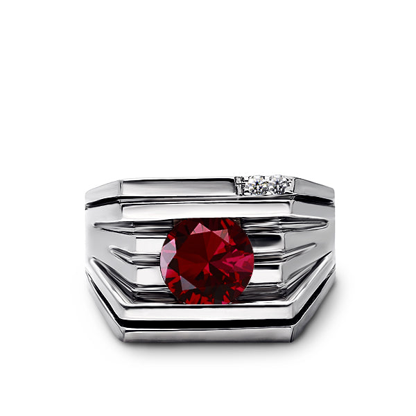 Solid 14K White GOLD Mens Ring with Red Ruby and 2 DIAMOND Accents