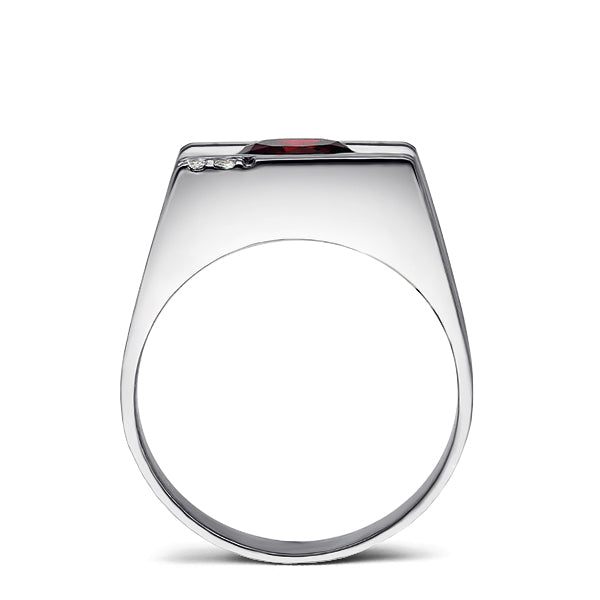Solid 14K White GOLD Mens Ring with Red Ruby and 2 DIAMOND Accents