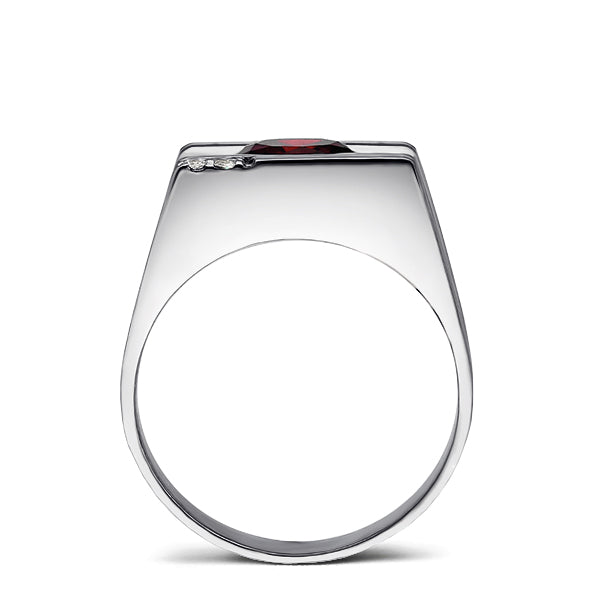 Solid 14K White GOLD Mens Ring with Red Ruby and 2 DIAMOND Accents