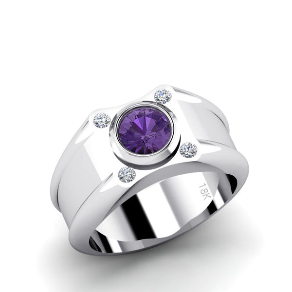 18K Gold High Polished Diamond Men's Ring with 1.70ct Round Purple Amethyst Stone Male Band