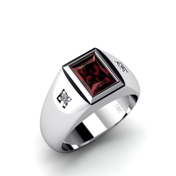 Ruby Pinky Ring Solid White Gold and 0.06ct Natural Diamonds Men's Classic Jewelry Accessory