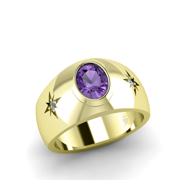Men's Thick Band Ring in 18K Solid Gold with Diamonds Amethyst Gemstone Wedding Jewelry