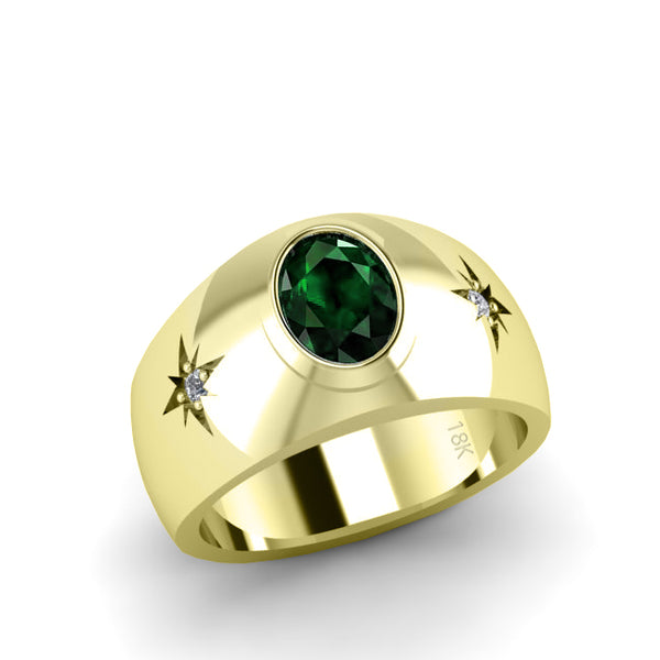 Men's Ring in Solid 18K Yellow Gold Oval Emerald Gemstone with Diamonds Male Solitaire Ring