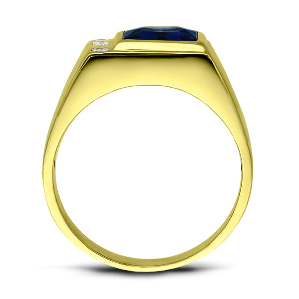 Mens Solid 14K Gold Blue Sapphire Ring 0.06ct Natural Diamonds Fine Ring for Man