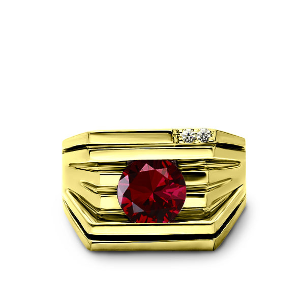 Solid 18K YELLOW GOLD Mens Ring with Red Ruby and 2 GENUINE DIAMONDS