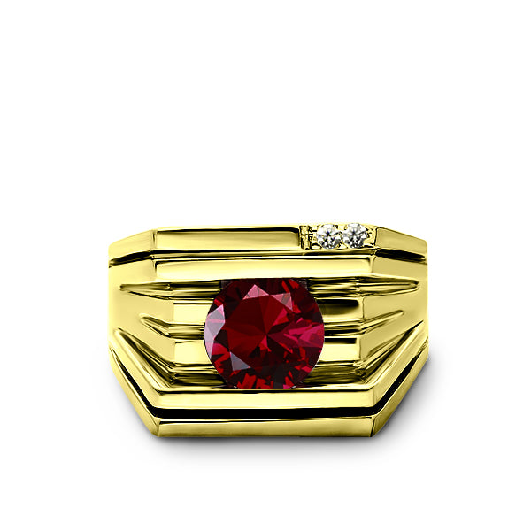 925 Real Solid Silver 18K Gold Plated Red Ruby 2 Diamond Accents Mens Ring