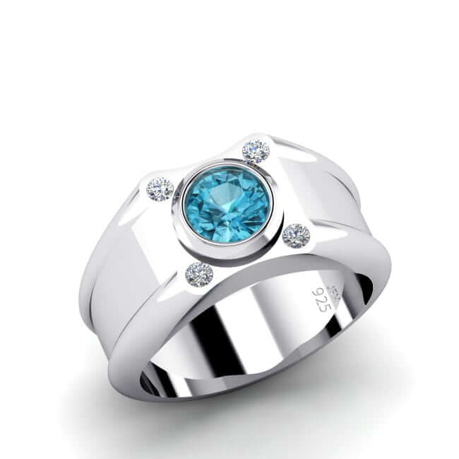 Solid Silver Men's Wide Ring with 0.12ct Genuine Diamonds & Gem