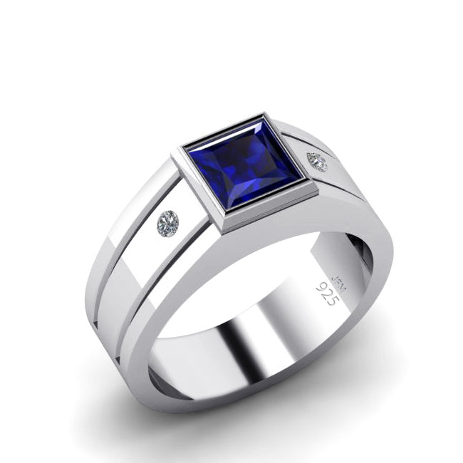 Solid 925 Silver Men's Diamond Ring with Faceted Gemstone sapphire