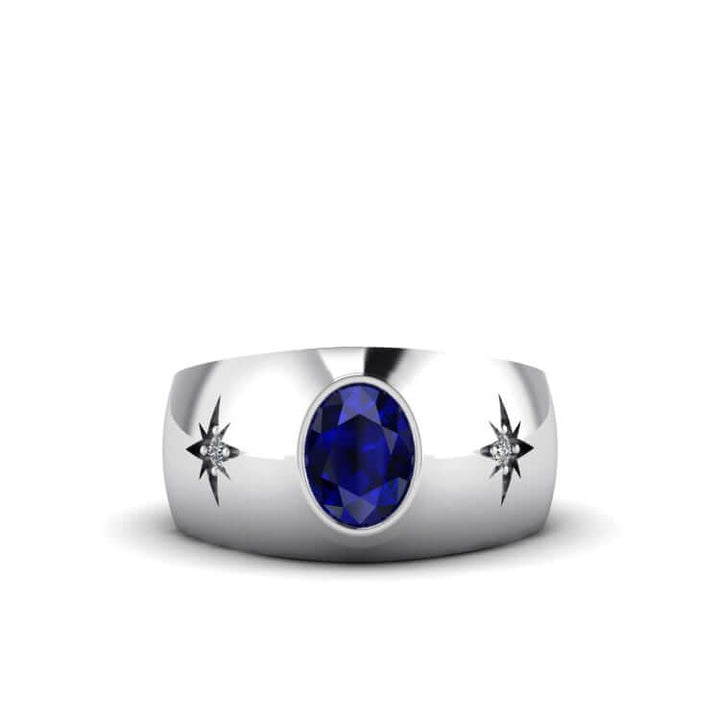 Oval Gemstone Men's Ring 925 Silver Wide Engagement Band sapphire