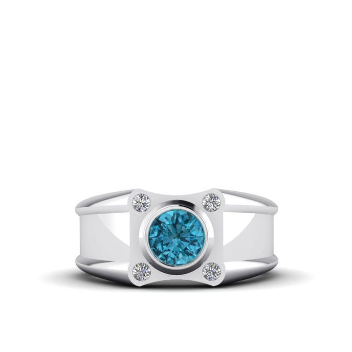 Aquamarine Men's Ring with 4 Diamonds 0.12ctw in Sterling Silver Male Jewelry