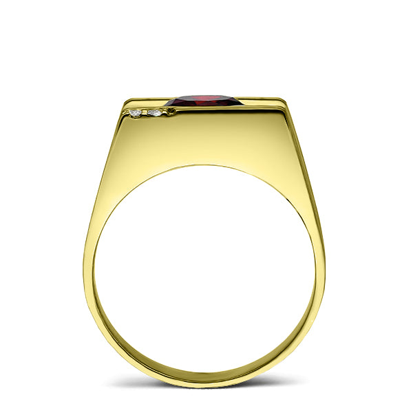 925 Real Solid Silver 18K Gold Plated Red Ruby 2 Diamond Accents Mens Ring