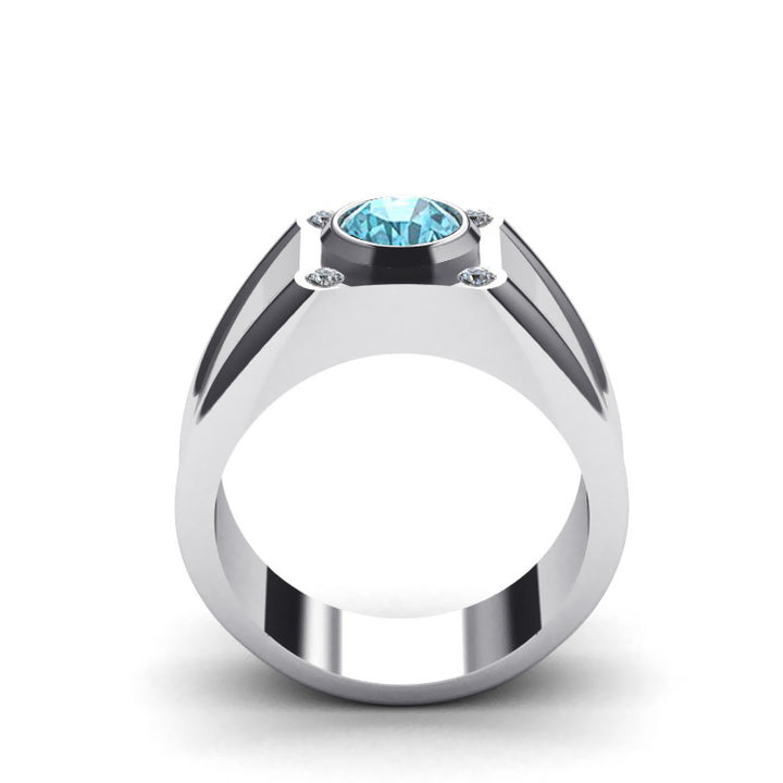 Aquamarine Men's Ring with 4 Diamonds 0.12ctw in Sterling Silver Male Jewelry