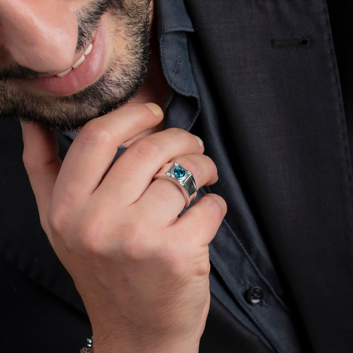 Aquamarine Men's Ring with 4 Diamonds 0.12ctw in Sterling Silver Personalized Male Jewelry