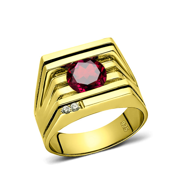 925 Real Solid Silver 18K Gold Plated Red Ruby 2 Diamond Accents Mens Ring