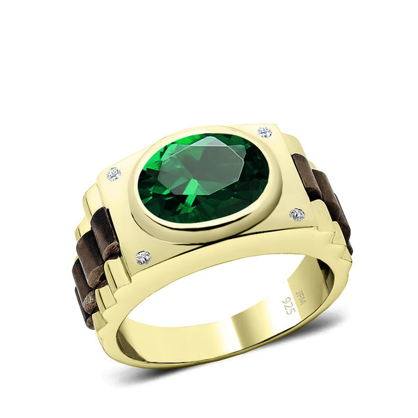 Men's Silver Ring with Green Stone and Natural Diamonds Yellow Gold Plated Fine Jewelry