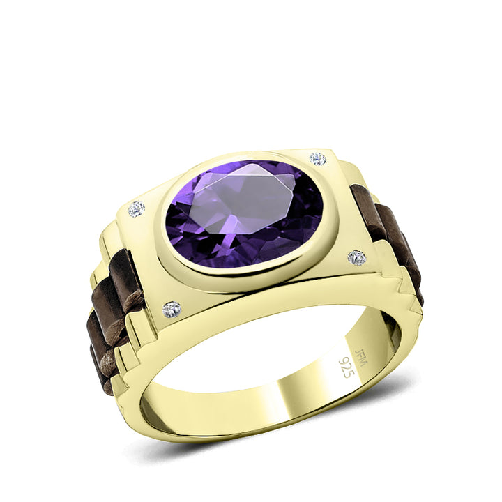 925 Sterling Silver Diamond Ring for Man Gold Plated Band 12x10 mm Oval Amethyst Male Gift
