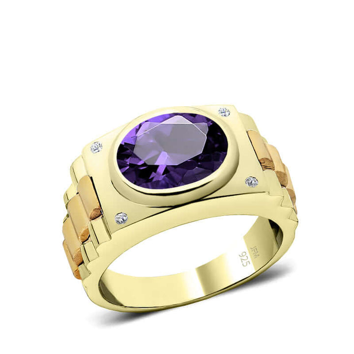 925 Sterling Silver Diamond Ring for Man Gold Plated Band 12x10 mm Oval Amethyst Male Gift