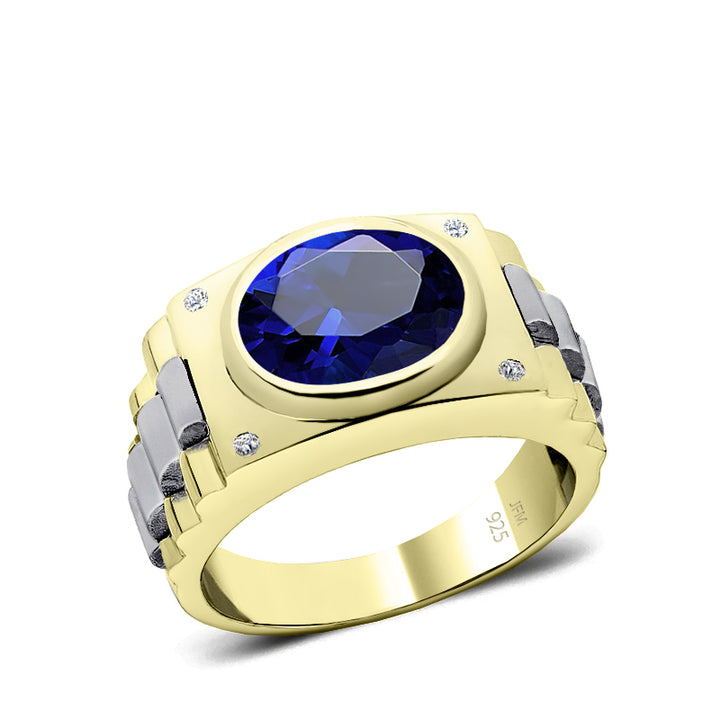 Sterling Silver Blue Sapphire Ring for Man Gold Plated Band with Natural Diamonds 25th Anniversary Gift