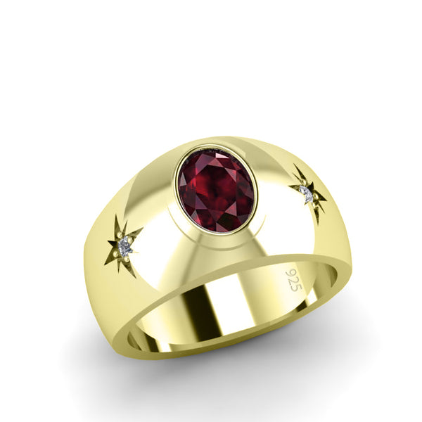 Red Stone Ring for Man with 2 DIAMONDS 0.06ctw in Yellow Gold-Plated Silver Ruby Birthstone gift