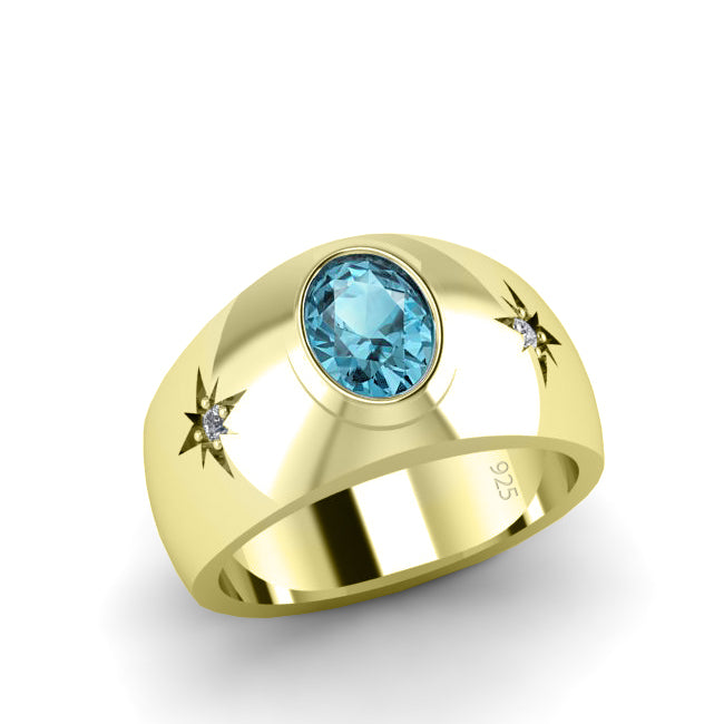Men's Diamond Ring Yellow Gold-Plated Silver with Aquamarine Gemstone Engagement Ring