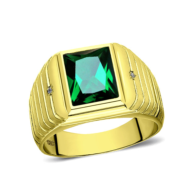 18K Yellow Gold Plated Men's Wedding Emerald Band Ring Vintage Luxurious Jewelry