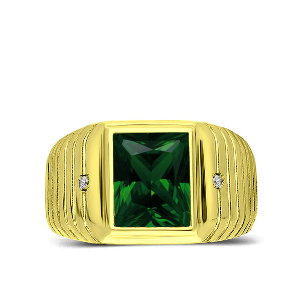 Real 18k Yellow Gold Real Diamond Mens Statement Wedding Ring with Green Emerald
