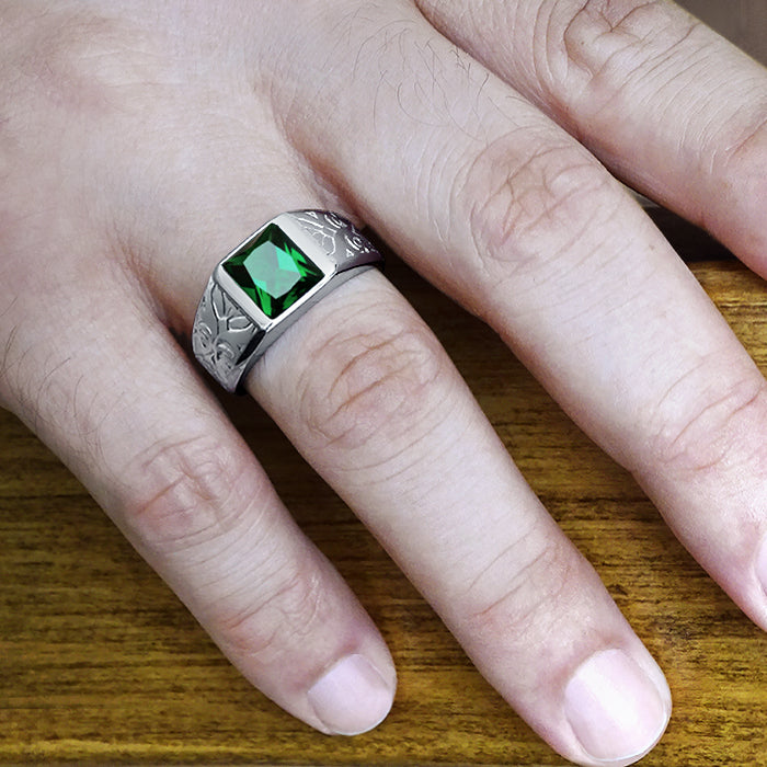 Men's Ring with Gemstone in 925k SOLID Sterling Silver emerald