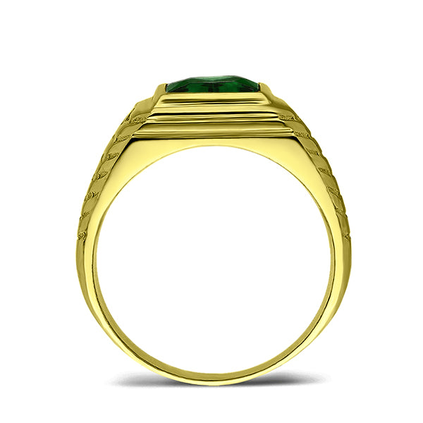Real 18k Yellow Gold Real Diamond Mens Statement Wedding Ring with Green Emerald