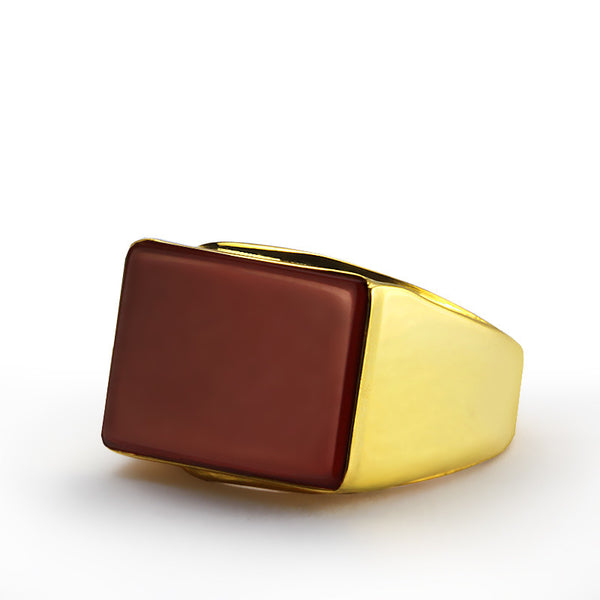 Men's Ring in 10k Yellow Gold with Agate, Natural Red Stone Ring for Men