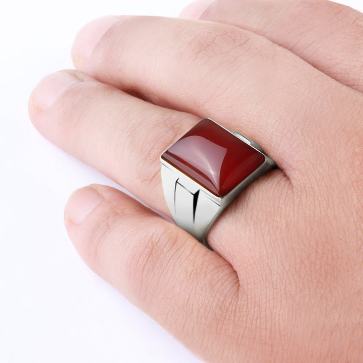 agate red man ring silver