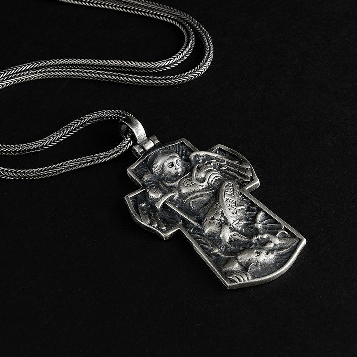 Saint Michael Archangel Cross Charm Necklace Men's Sterling Silver Religious Jewelry Gift