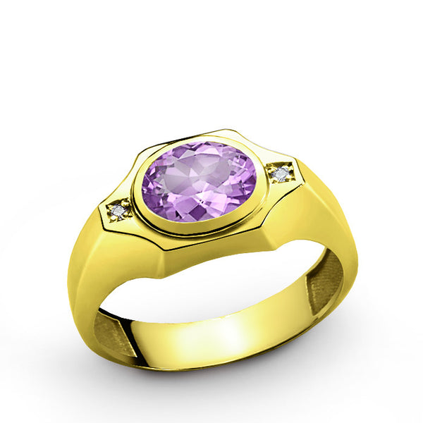 Men's Ring Diamonds with Purple Amethyst in 10k Yellow Gold