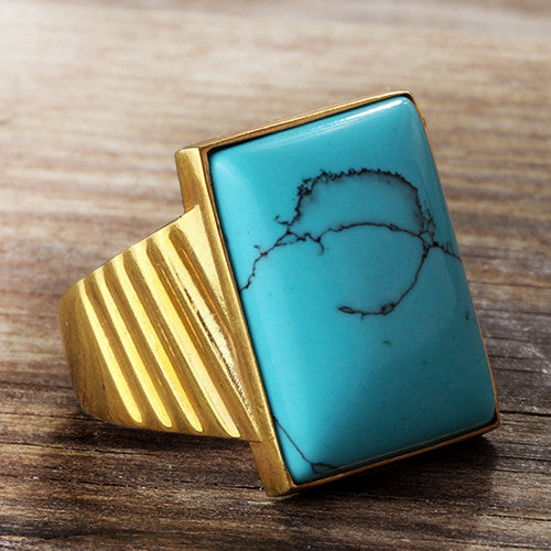 Men's Ring with Blue Turquoise Gemstone in 14k Yellow Gold