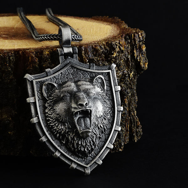 Bear Head Men's Pendant Matte Silver Scandinavian Necklace with Silver Chain