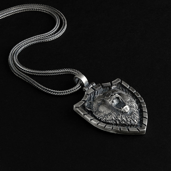 Silver Bear Head Man Pendant Oxidized Necklace with Chain 925 Silver Scandinavian Men Jewelry