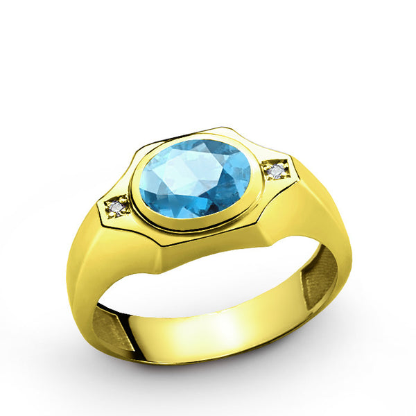Men's Ring with Blue Topaz and Natural Diamonds in 10k Gold, Statement Ring for Men