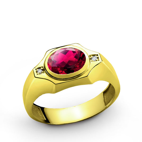 10k Yellow Gold Men's Ring with Red Ruby and Genuine Diamonds