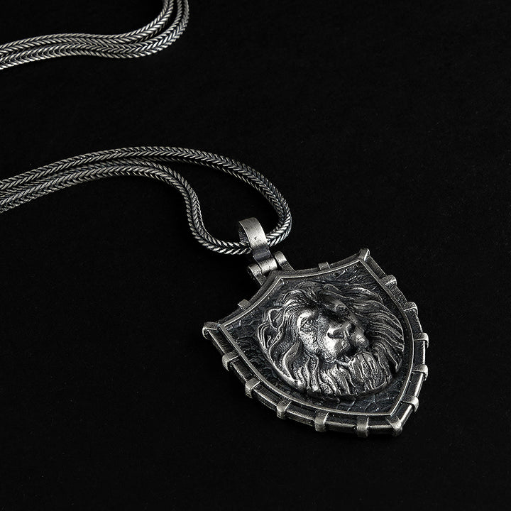Shield Necklace Solid Sterling Silver Lion Pendant for Man with Chain | JFM