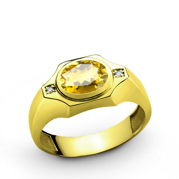 Men's Ring in 10k Gold with Citrine and Natural Diamonds, Men's Gemstone Ring