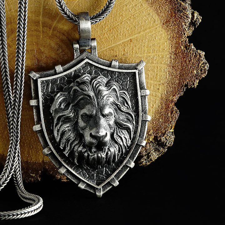 Shield Necklace Solid Sterling Silver Lion Pendant for Man with Chain | JFM