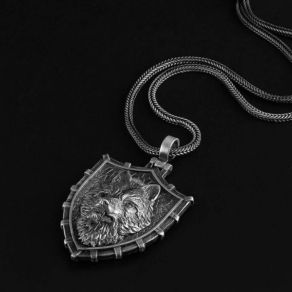 Men's Necklace 925 Sterling Silver Wolf Pendant with Wheat Link Chain | JFM