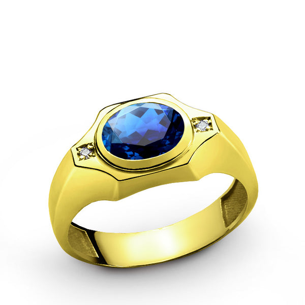 Men's Ring with Blue Sapphire and Diamonds in 14k Yellow Gold