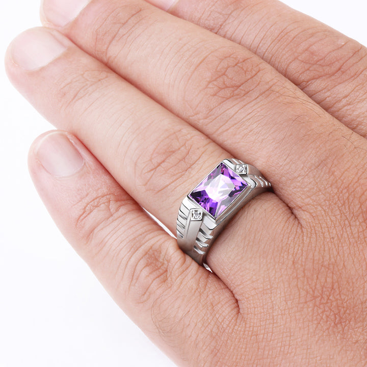 Sterling Silver Bezel Set Gemstone Ring for Men with Diamonds